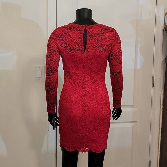 BRAND NEW IZ BYER LONG SLEEVES RED LACE MINI DRESS - Picture 7 of 14